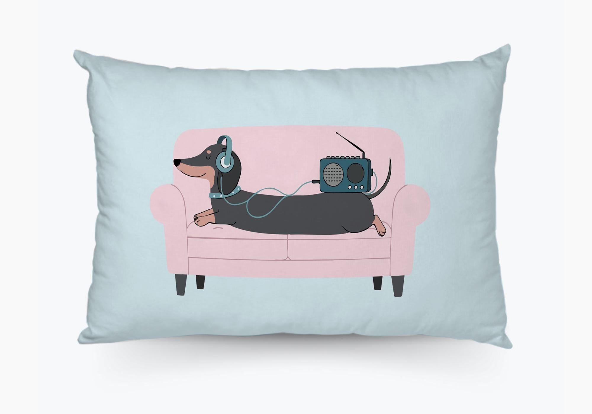Dackel-Kissen aus Baumwolle | 50 x 35 cm inklusive Füllung | Dackel mit Kopfhörer | Türkis mit Braun und Pink