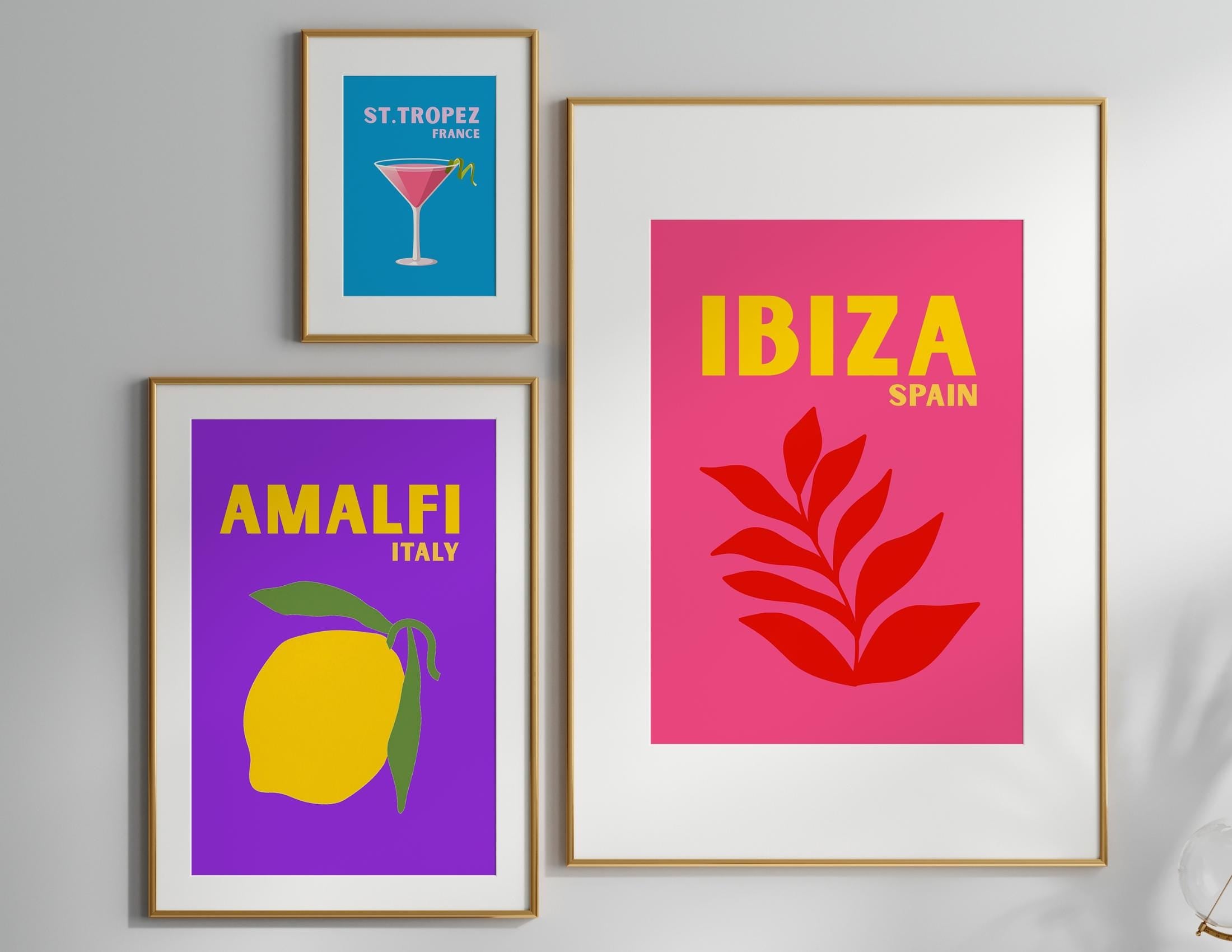 Poster-Set Ibiza, Amalfi, St. Tropez | Travel Sommer neonfarben| Bilder | Wand Deko