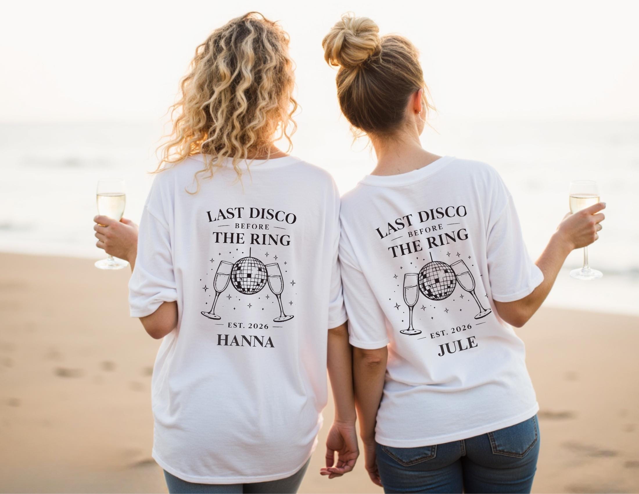 Braut- und JGA-Team T-Shirt | personalisiert mit Namen & Jahreszahl | Last Disco before the ring