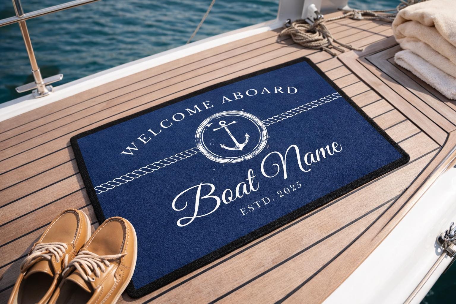 Fußmatte Boot Yacht Schiff | Personalisierter Fußabtreter mit Bootsnamen und Jahreszahl in blau weiß, Rand schwarz