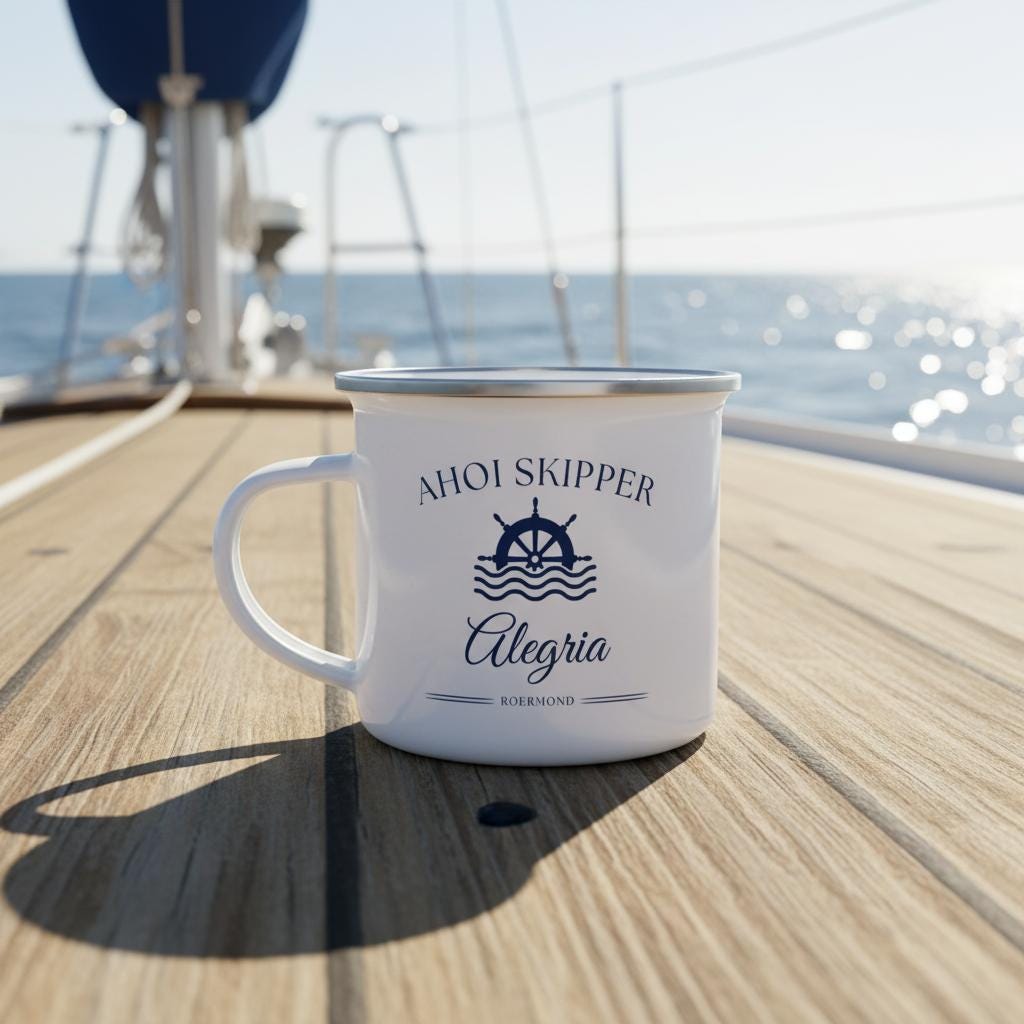 Personalisierte Emaille Tasse Boot – mit Bootsnamen, Hafen & Skipper | Geschenk Bootsbesitzer | Ahoi Skipper | maritime Tasse individuell
