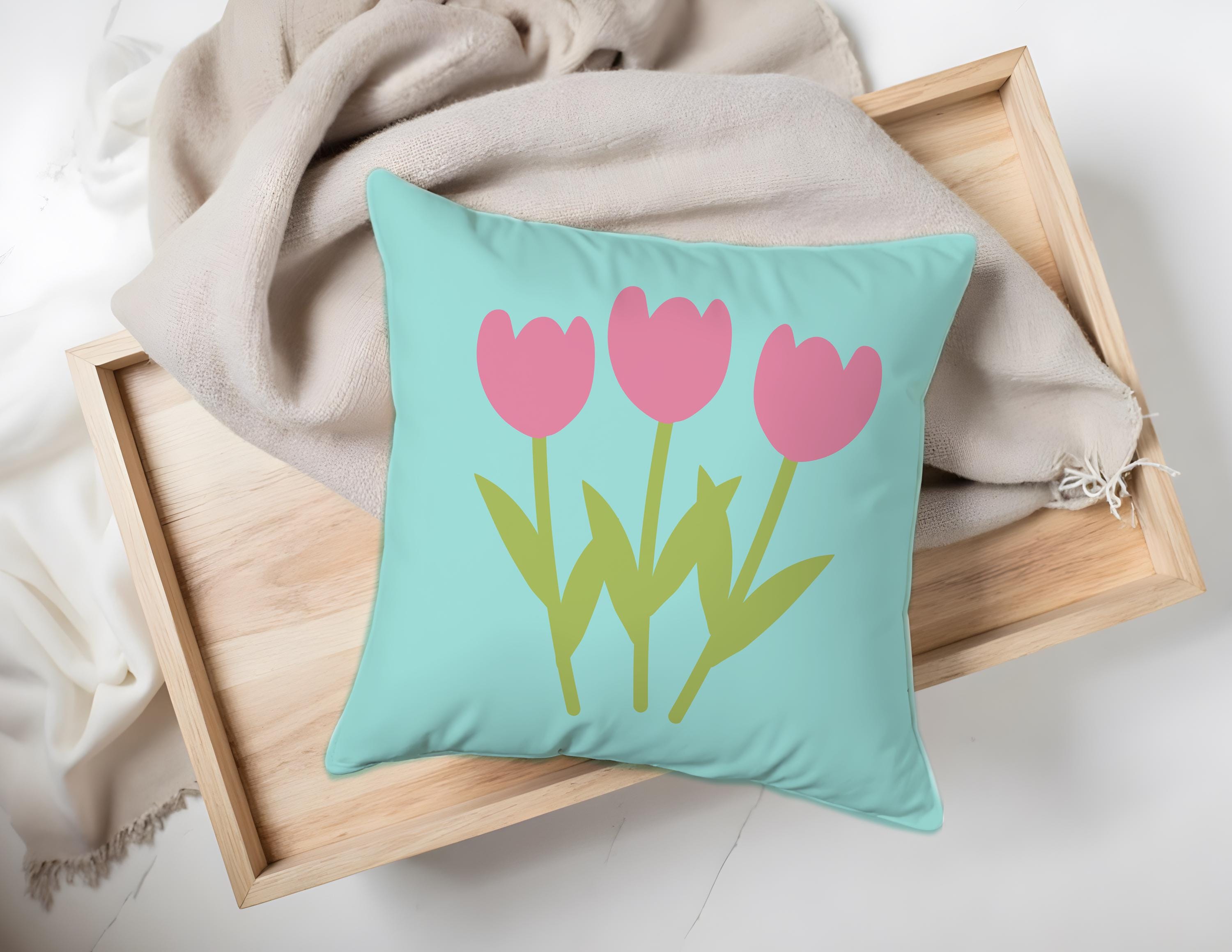 Frühlingskissen Tulpen türkis pink | Dekokissen Frühling modern | Kissen Blumen Design | Wohnzimmer Deko | Baumwoll Blumenkissen mit Füllung