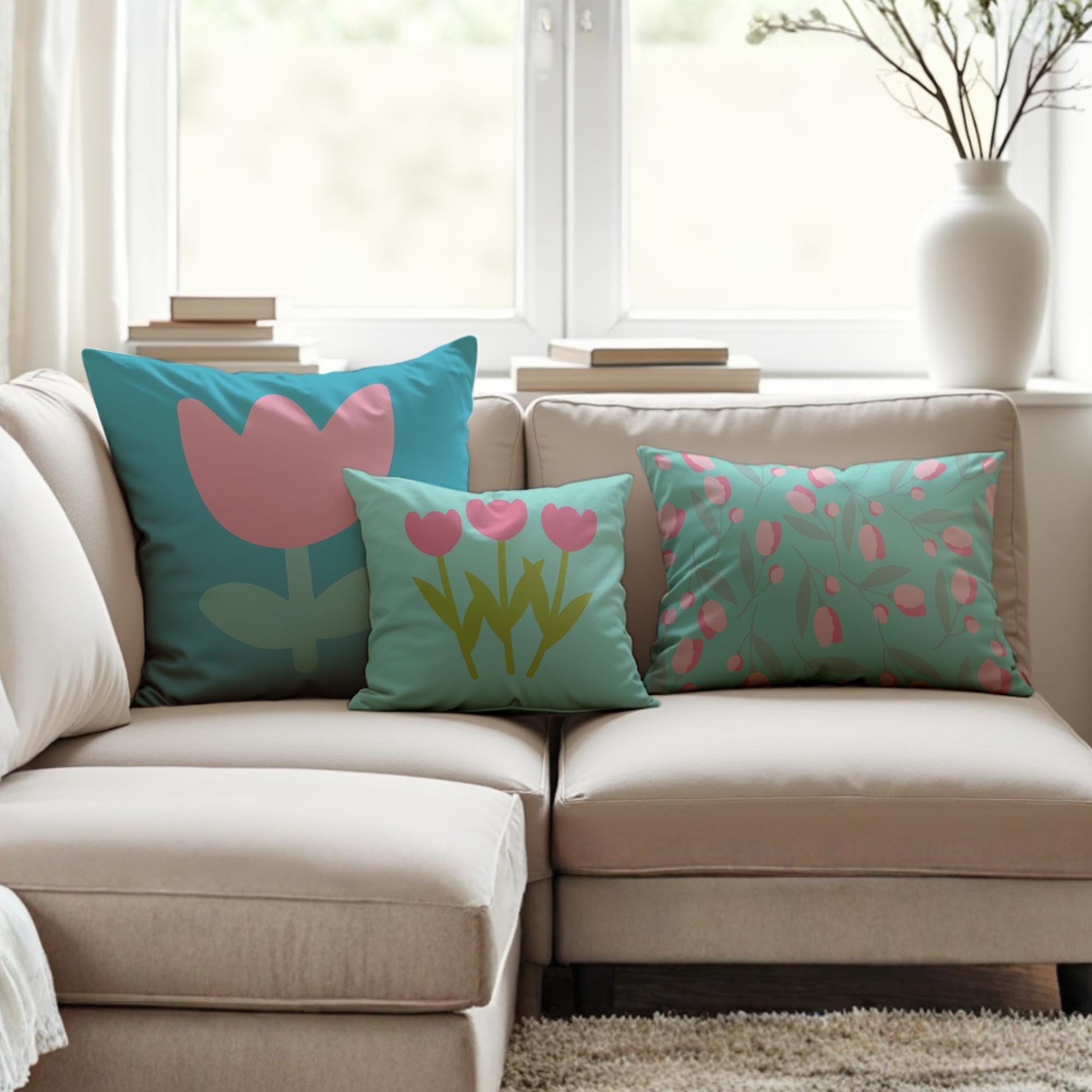 Frühlingskissen Tulpen türkis pink | Dekokissen Frühling modern | Kissen Blumen Design | Wohnzimmer Deko | Baumwoll Blumenkissen mit Füllung