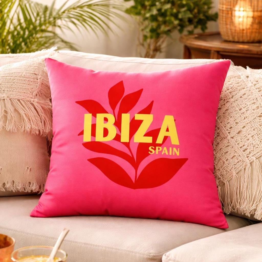 Ibiza Kissen pink mit Füllung | Samtkissen Ibiza Spain | bunte Sommer Deko | Boho Statement Kissen floral | Geschenk Ibiza Lover