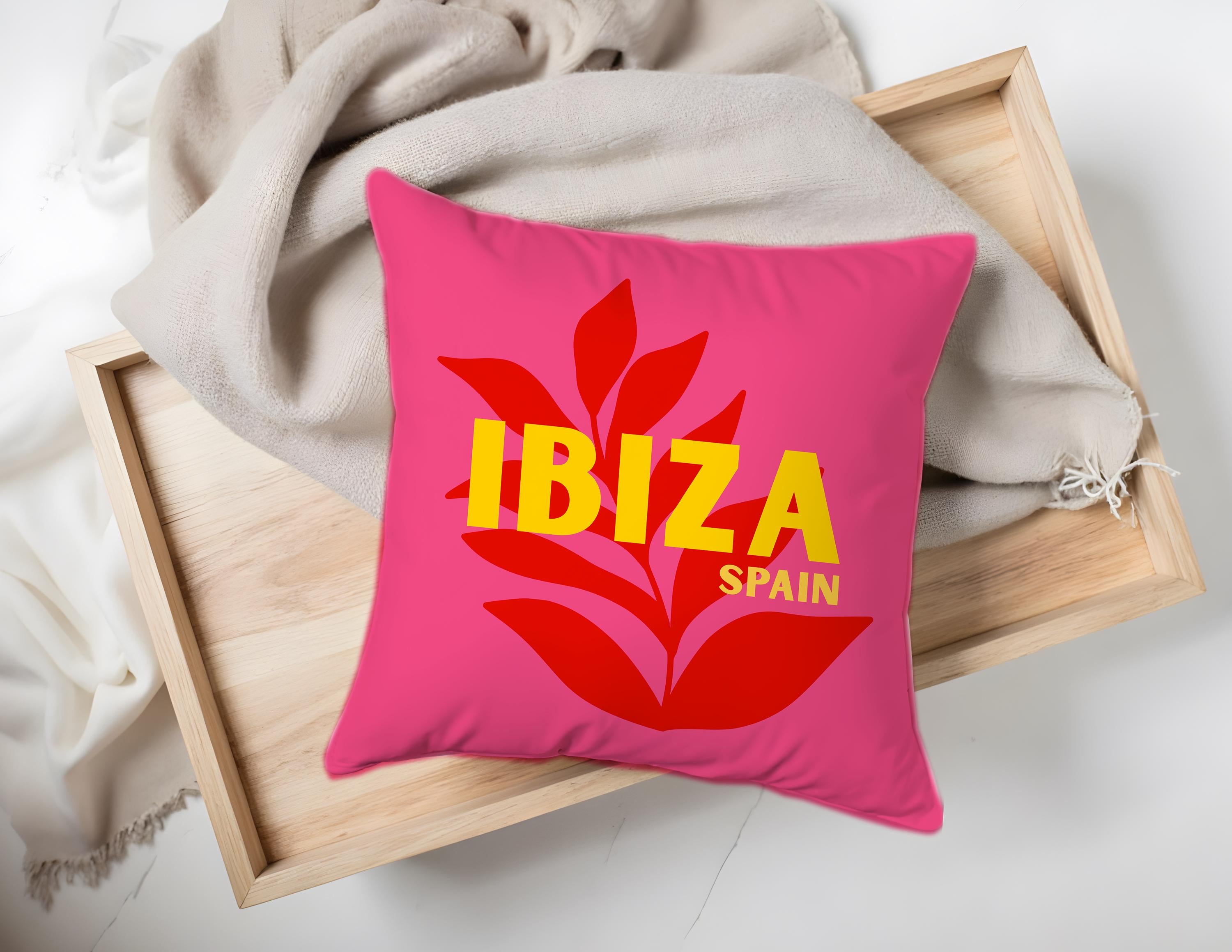 Ibiza Kissen pink mit Füllung | Samtkissen Ibiza Spain | bunte Sommer Deko | Boho Statement Kissen floral | Geschenk Ibiza Lover