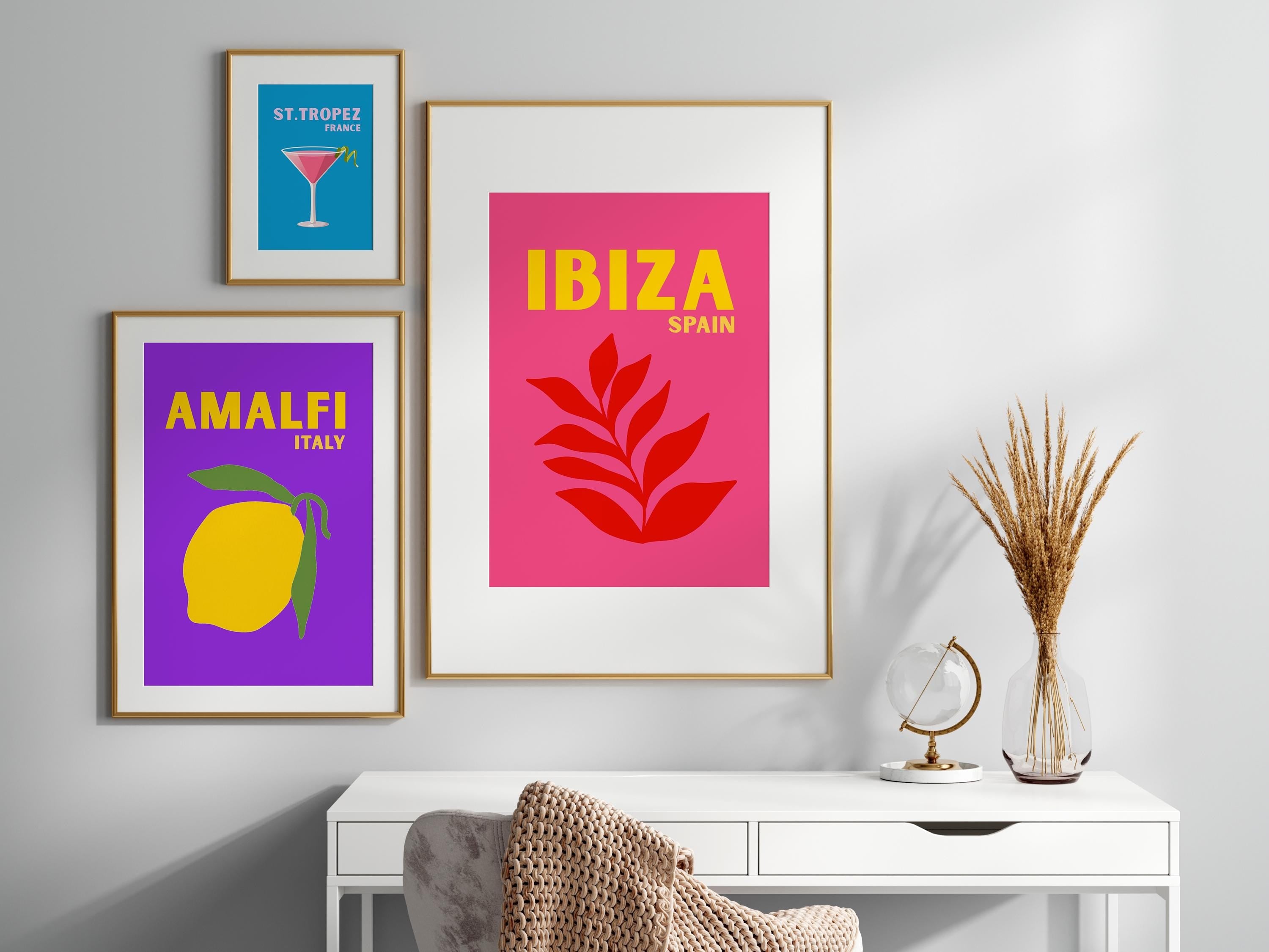 Poster-Set Ibiza, Amalfi, St. Tropez | Travel Sommer neonfarben| Bilder | Wand Deko