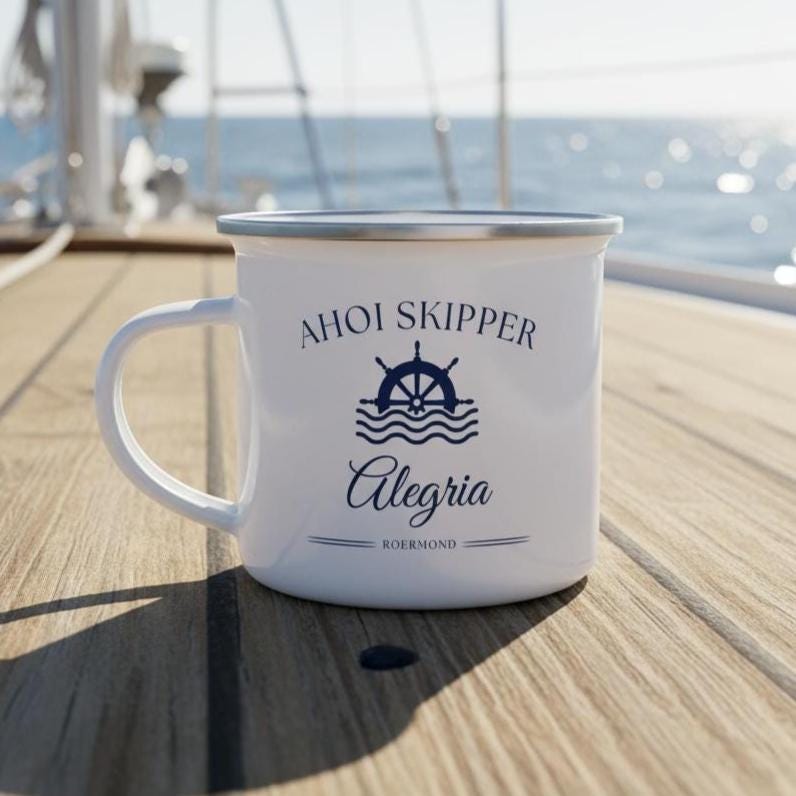 Personalisierte Emaille Tasse Boot – mit Bootsnamen, Hafen & Skipper | Geschenk Bootsbesitzer | Ahoi Skipper | maritime Tasse individuell