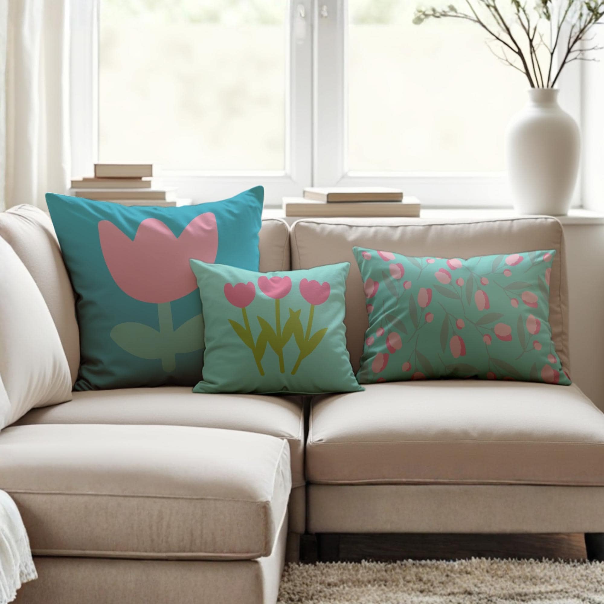 Frühlingskissen Tulpen türkis pink | Dekokissen Frühling modern | Kissen Blumen Design | Wohnzimmer Deko | Baumwoll Blumenkissen mit Füllung