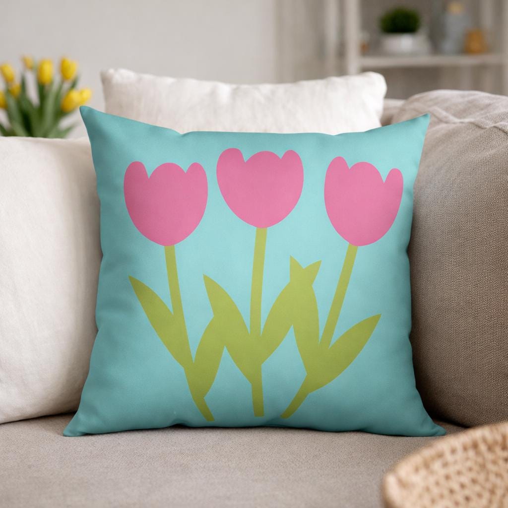 Frühlingskissen Tulpen türkis pink | Dekokissen Frühling modern | Kissen Blumen Design | Wohnzimmer Deko | Baumwoll Blumenkissen mit Füllung