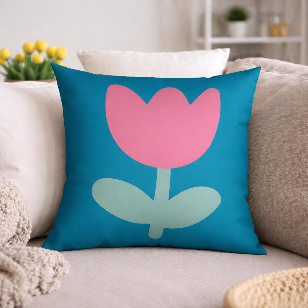 Frühlingskissen Tulpen türkis pink | Dekokissen Frühling modern | Kissen Blumen Design | Wohnzimmer Deko | Baumwoll Blumenkissen mit Füllung