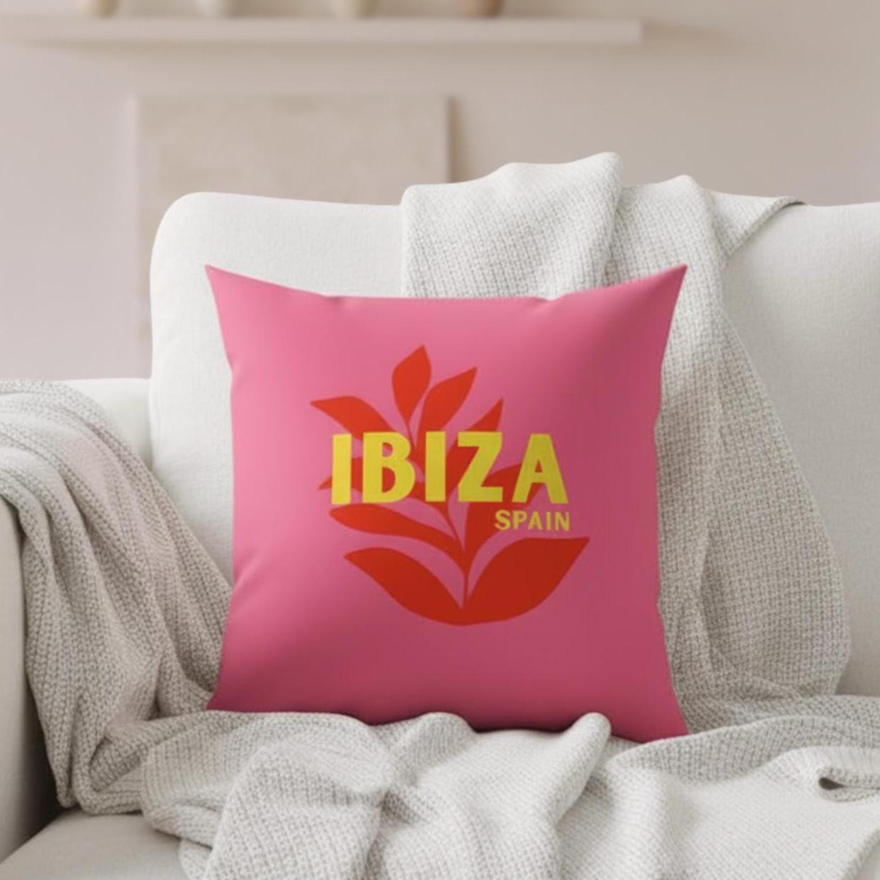 Ibiza Kissen pink mit Füllung | Samtkissen Ibiza Spain | bunte Sommer Deko | Boho Statement Kissen floral | Geschenk Ibiza Lover