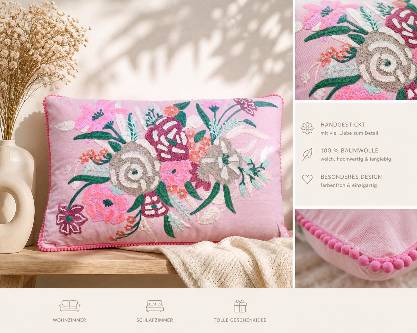 Besticktes Kissen rosa 50x30 cm | florales Dekokissen mit Stickerei | Boho Kissen bunt | Zierkissen Baumwolle | Geschenkidee