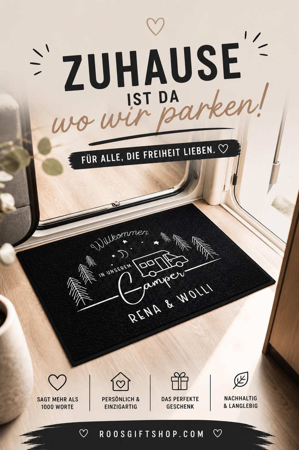 Camper Fußmatte | Personalisierte Fußmatte Camping | Geschenk Wohnmobil | schwarzer Fußabtreter mit Namen | WoMo nach Wahl einsetzbar