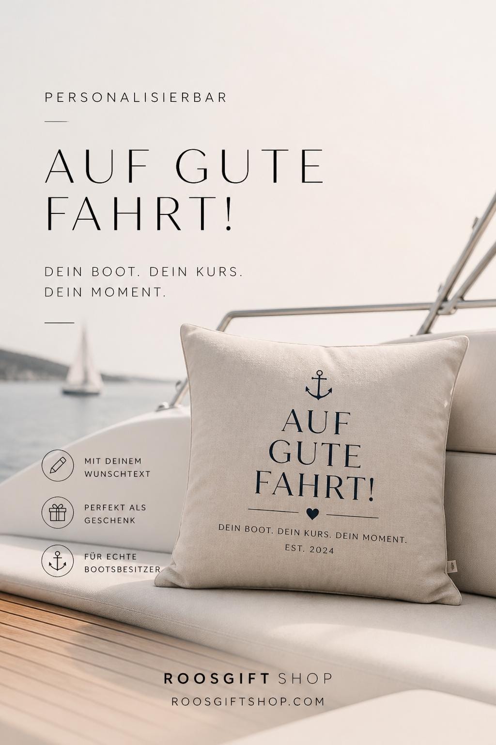 Outdoor Kissen wasserabweisend | Maritimes Dekokissen „Auf gute Fahrt“ | wetterfest | Boot Deko | Geschenk Segeln | personalisierbar | 40x40