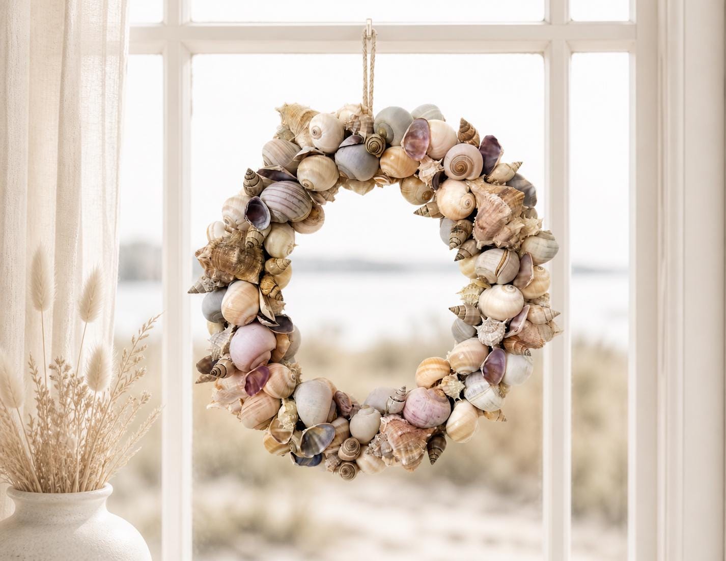 Muschelkranz Natur – handgefertigter Kranz aus Muscheln & Schneckenhäusern | Maritime Deko in Beige und Grau | Beach House Stil