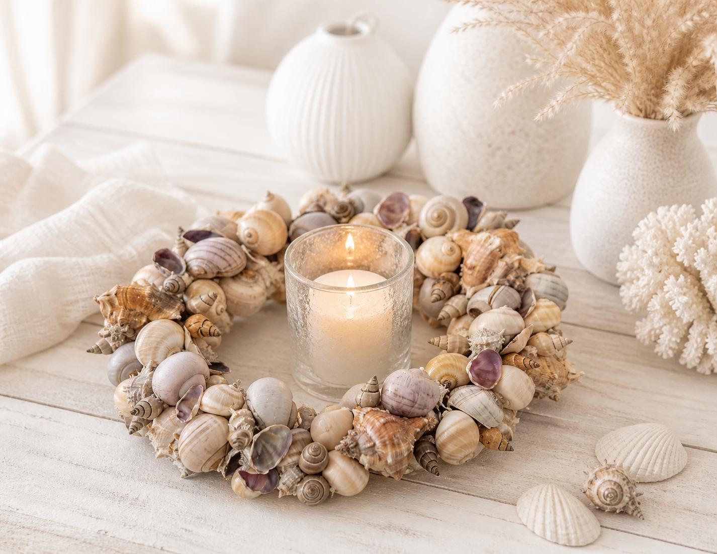 Muschelkranz Natur – handgefertigter Kranz aus Muscheln & Schneckenhäusern | Maritime Deko in Beige und Grau | Beach House Stil