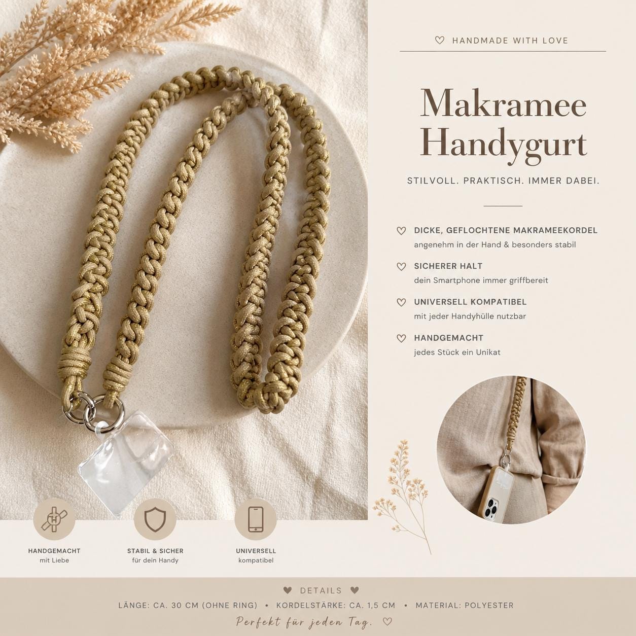 Makramee Handygurt dick beige mit Goldfäden | geflochtene Handy Kordel | Phone Strap Boho – Handykette | stylisch & stabil