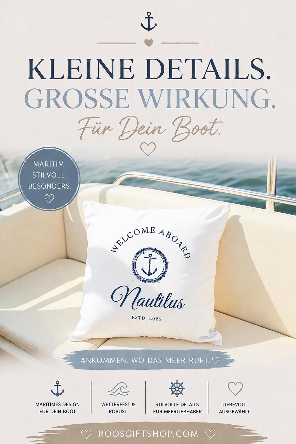 Fußmatte Boot Yacht Schiff | Personalisierter Fußabtreter mit Bootsnamen und Jahreszahl in blau weiß, Rand schwarz