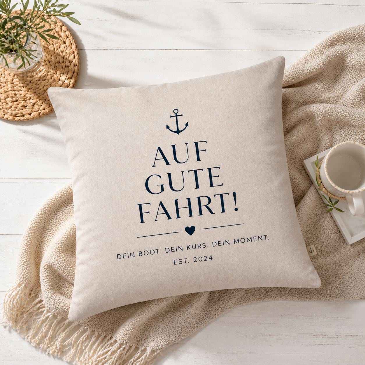 Outdoor Kissen wasserabweisend | Maritimes Dekokissen „Auf gute Fahrt“ | wetterfest | Boot Deko | Geschenk Segeln | personalisierbar | 40x40