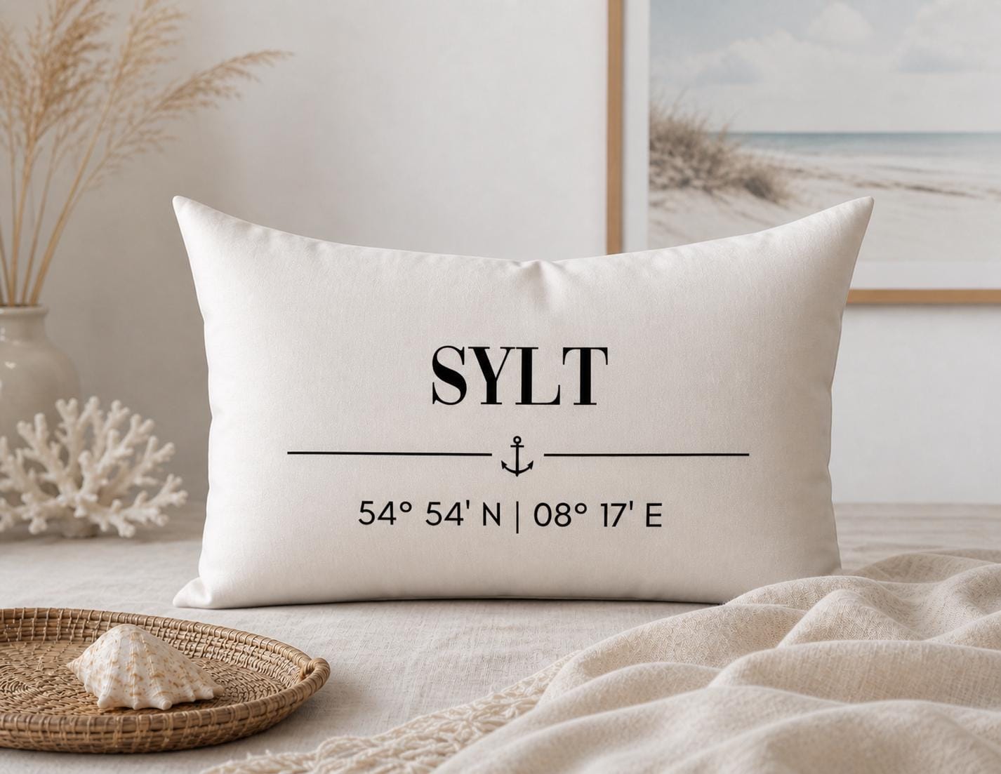 SYLT Kissen mit Füllung 35x50 cm – Küstenkissen mit Koordinaten & Anker | Coastal Beach House Deko Nordsee