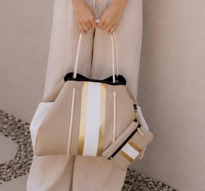 Neopren Tasche | Strandtasche | beige weiß gold | Streifen
