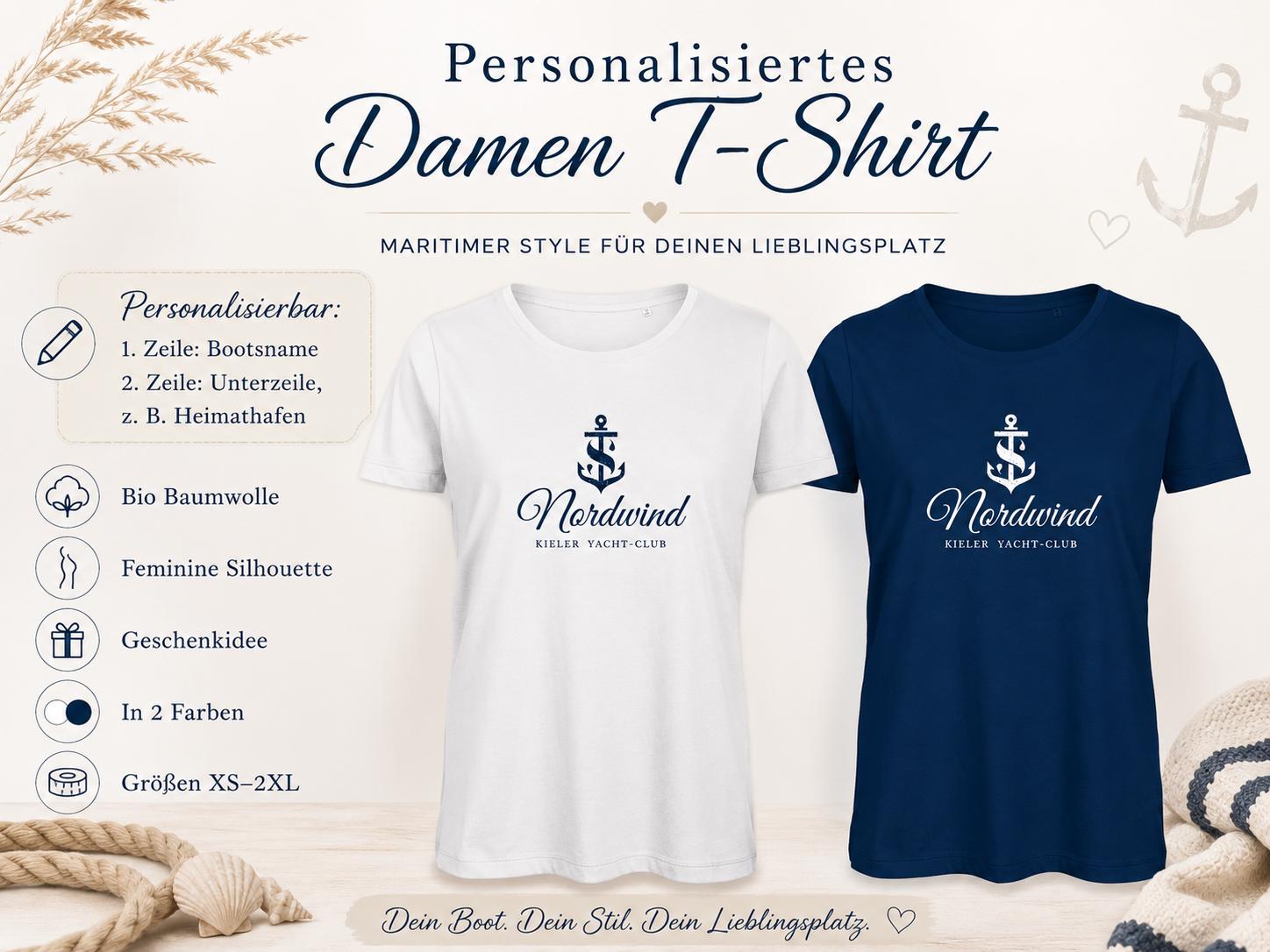 Personalisiertes Damen Bio T-Shirt mit Bootsname – Premium Shirt für Seglerinnen, Yachtbesitzerinnen & Bootsliebhaberinnen