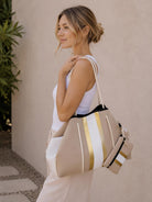 Neopren Tasche | Strandtasche | beige weiß gold | Streifen