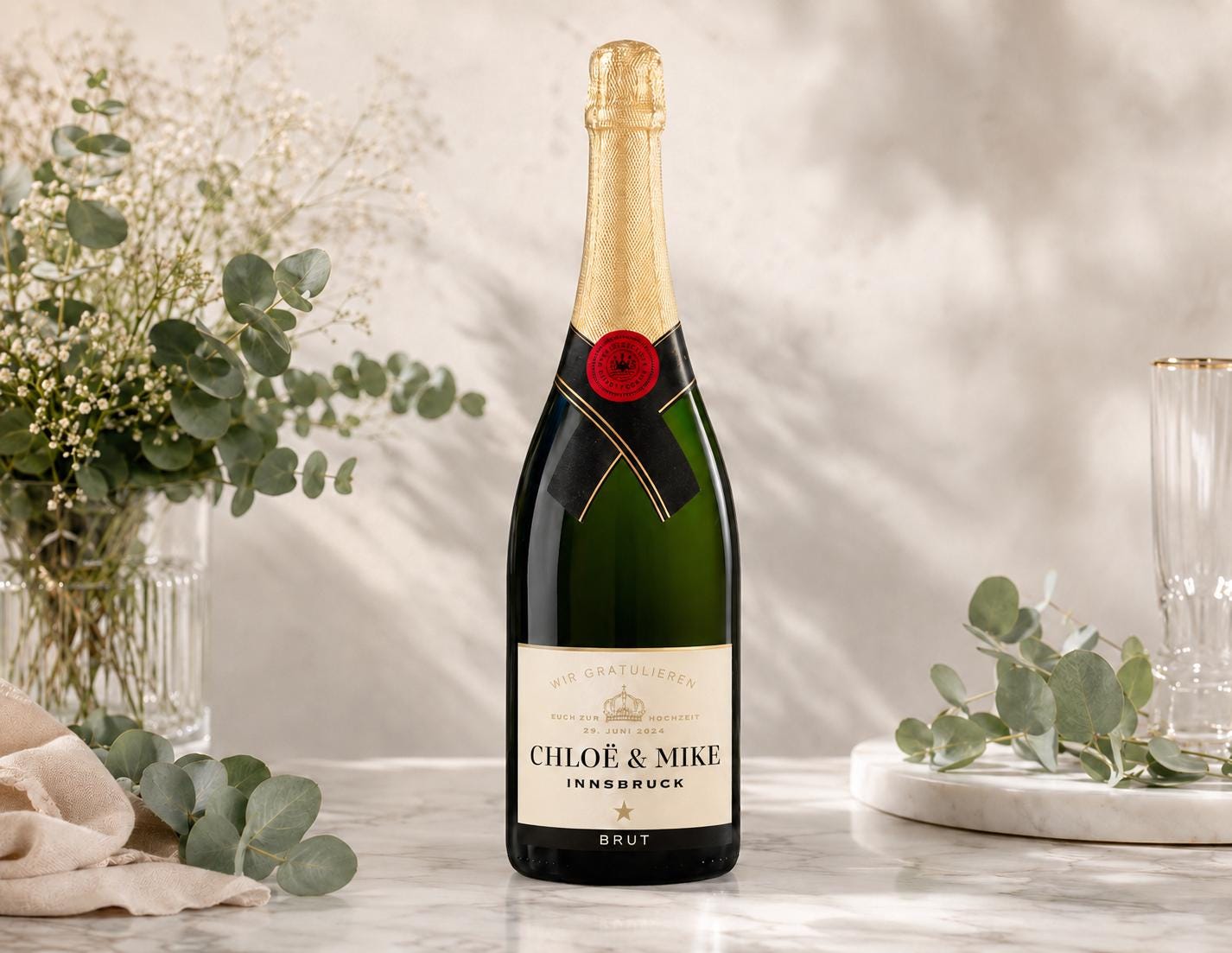 Personalisiertes Etikett Champagnerflasche | Hochzeit, Verlobung, Abitur, Schwangerschaft, Paten fragen | Flaschenetikett Ankündigung Geburt