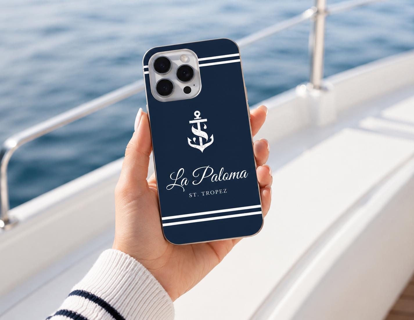 Personalisierte Handyhülle mit Bootsname | Maritime Hülle für Segler & Bootsbesitzer | Geschenk Skipper mit Anker Motiv | Apple oder Samsung