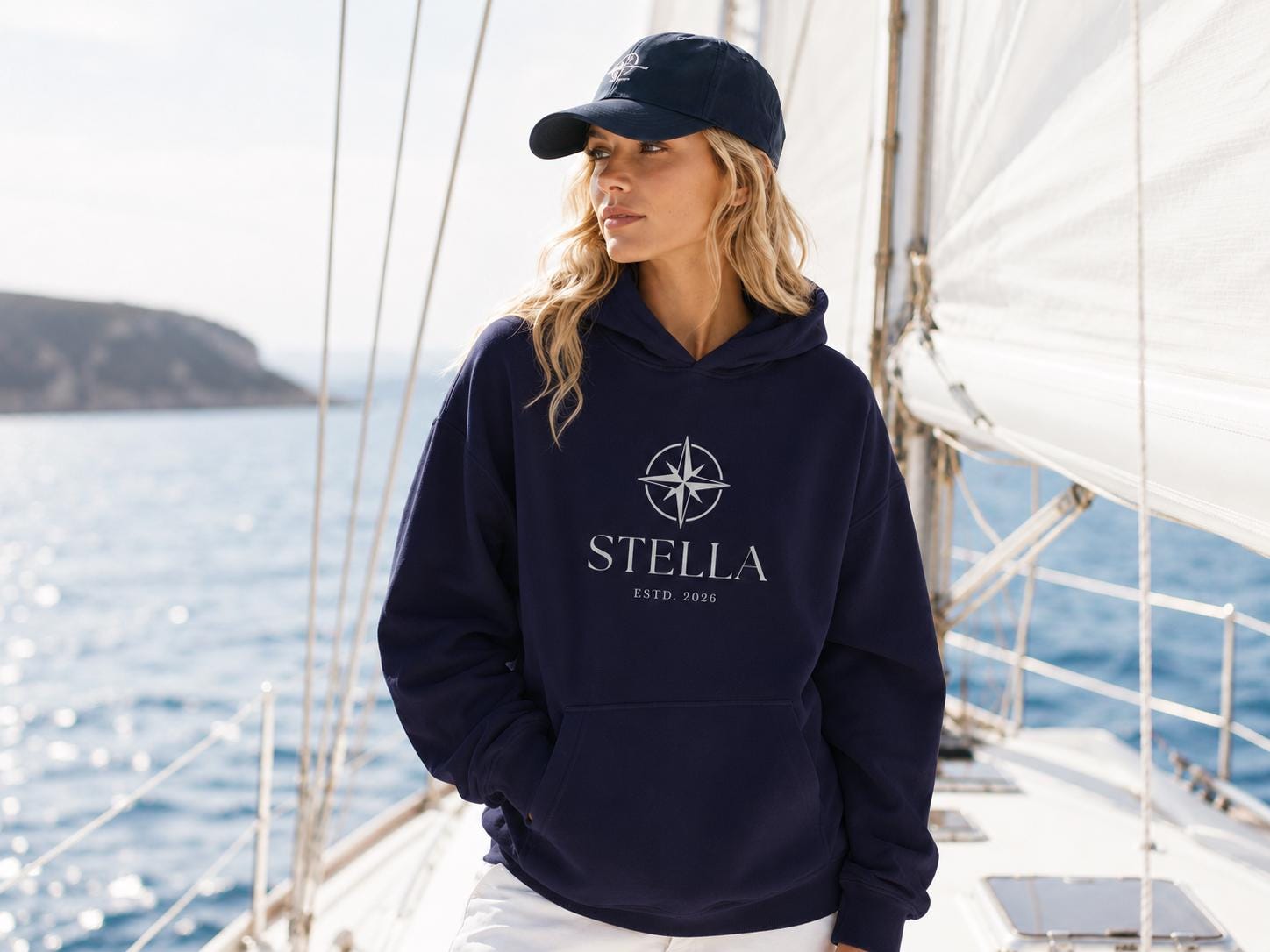 Personalisierter Oversized Hoodie mit Bootsname – Unisex Hoodie für Segler, Bootseigner & Yachtfans | blau oder weiß