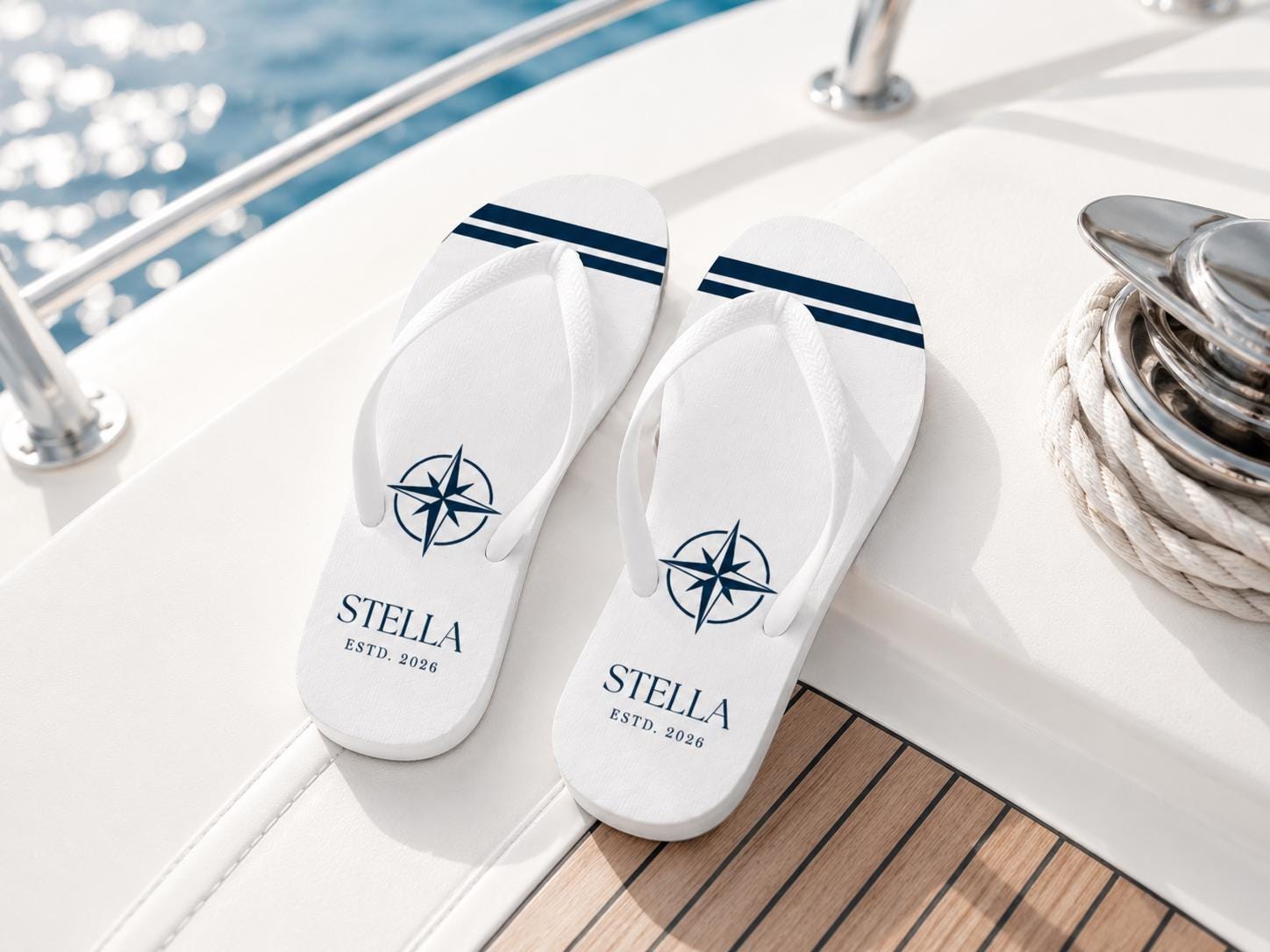 Personalisierte Flip-Flops mit Bootsname – maritime Badelatschen für Boot, Strand & Urlaub | Yacht Geschenk | Segelurlaub