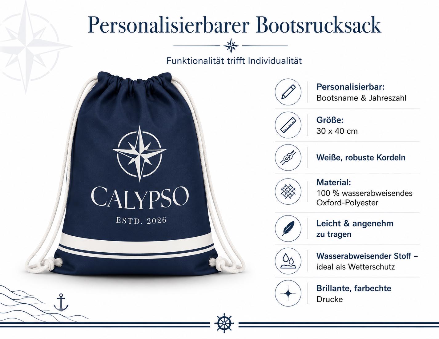 Personalisierter Bootsrucksack mit Bootsname | wasserabweisender Beutel für Segler | Geschenk für Bootsbesitzer | maritime Tasche 30 x 40 cm