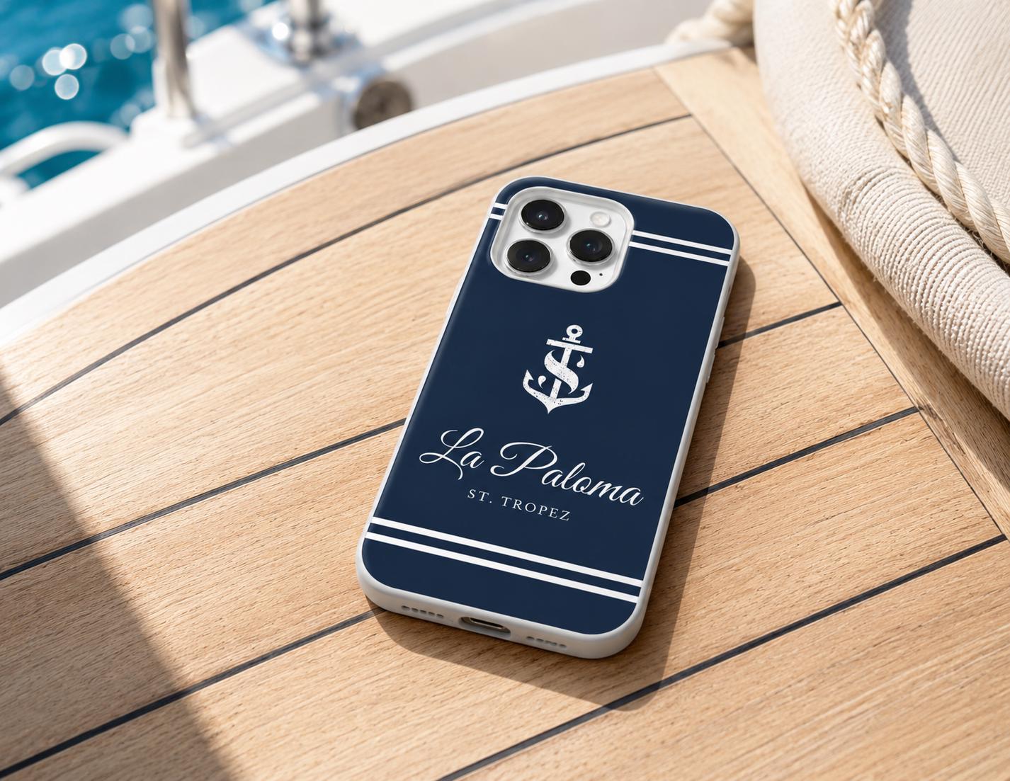 Personalisierte Handyhülle mit Bootsname | Maritime Hülle für Segler & Bootsbesitzer | Geschenk Skipper mit Anker Motiv | Apple oder Samsung