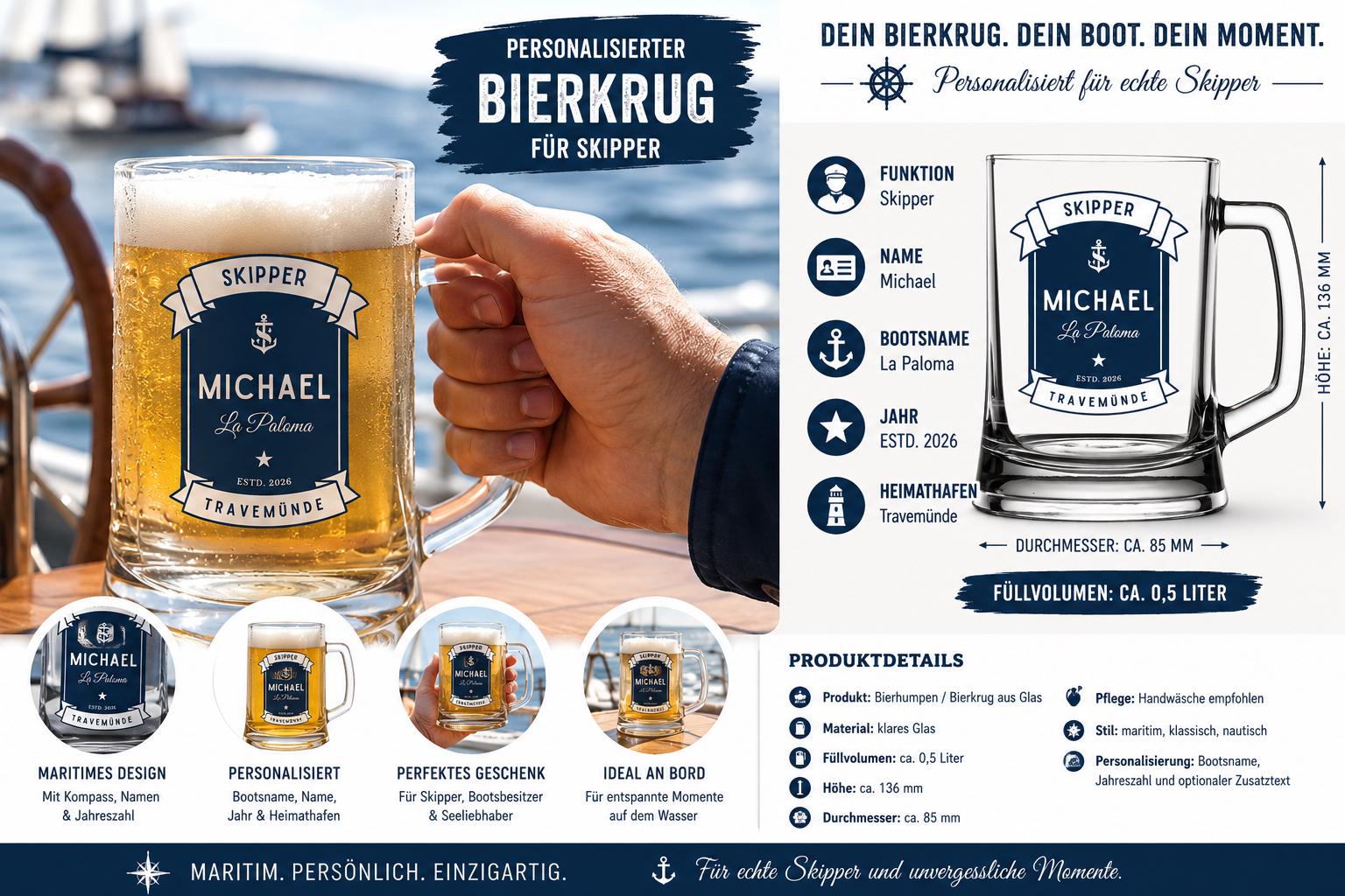 Personalisierter Bierkrug für Bootsbesitzer | Bierglas mit Bootsname & Jahreszahl | Geschenk für Skipper, Segler, Kapitän | Bierhumpen Glas