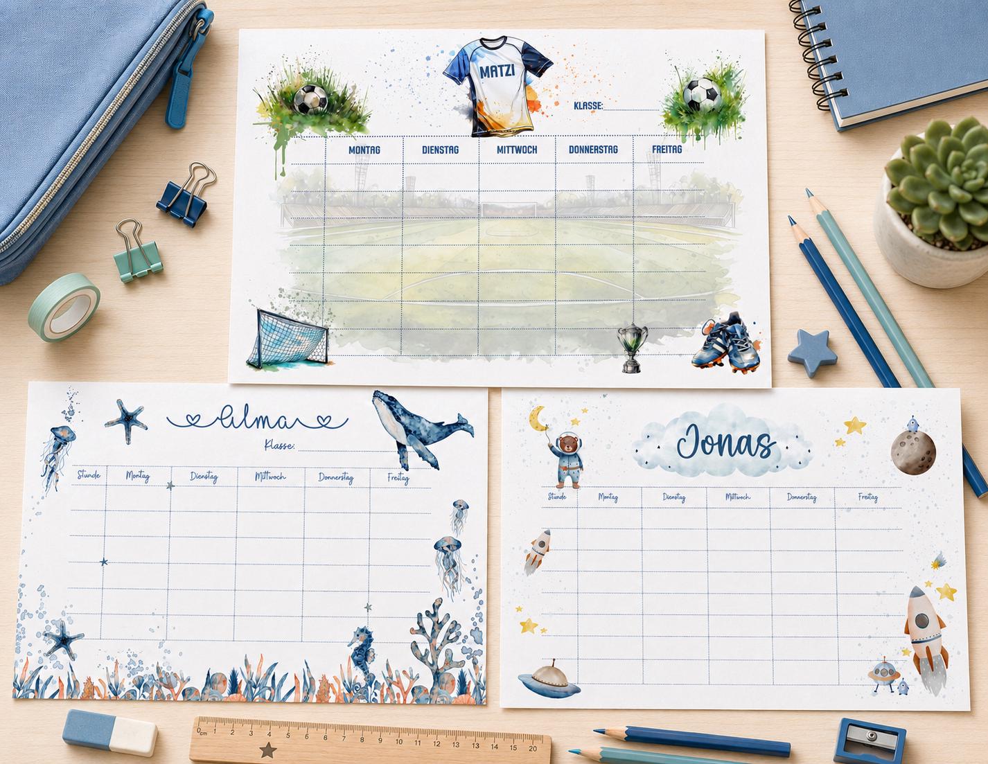 Personalisierter Stundenplan | Fußball, Meerestiere, Dino, Astronaut | PDF Stundenplan DIN A4 zum Ausdrucken | Schulanfang Einschulung