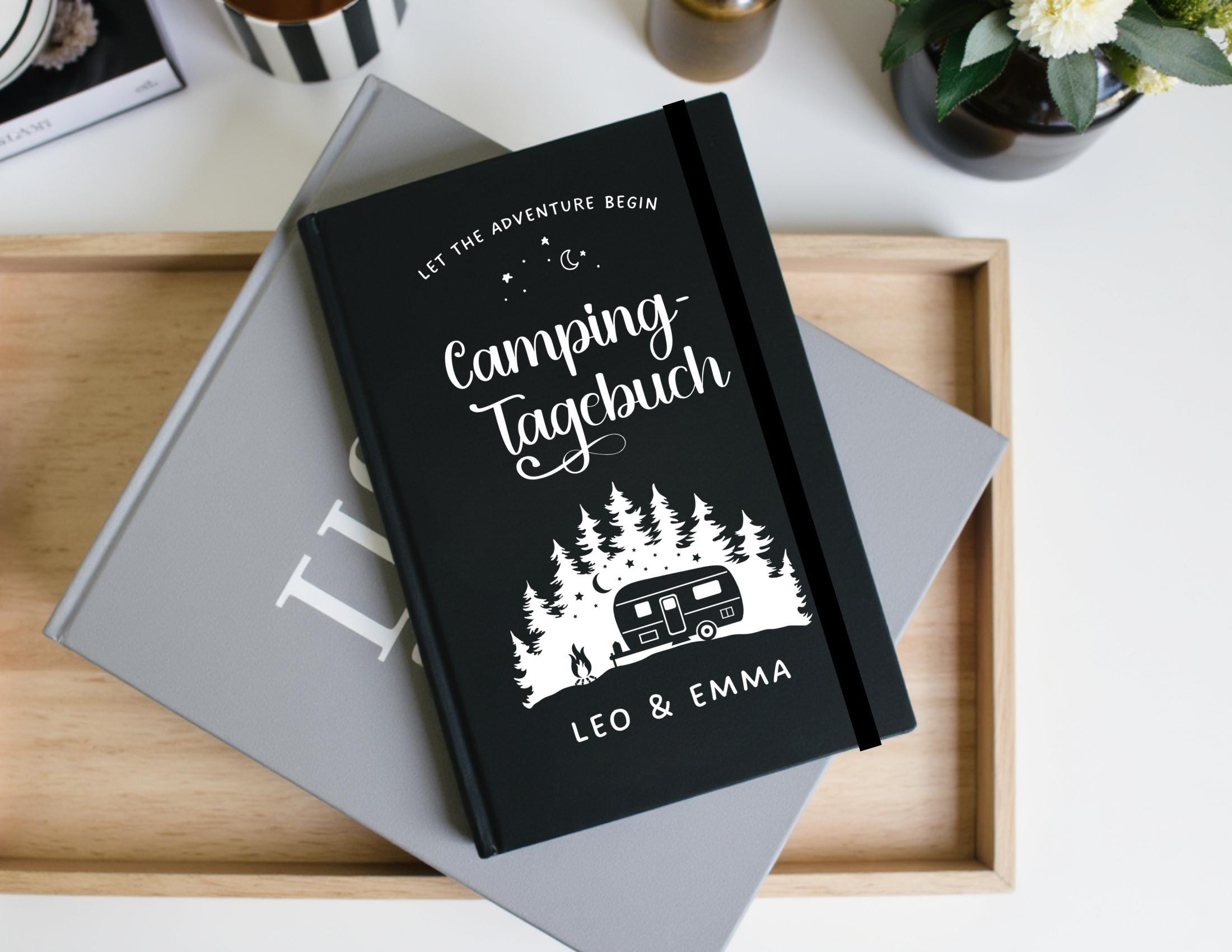 Camping Tagebuch | weißes Notizbuch | Personalisierung | Logbuch für Camper | A5 liniert | anpassbar Name, Titel, Headline