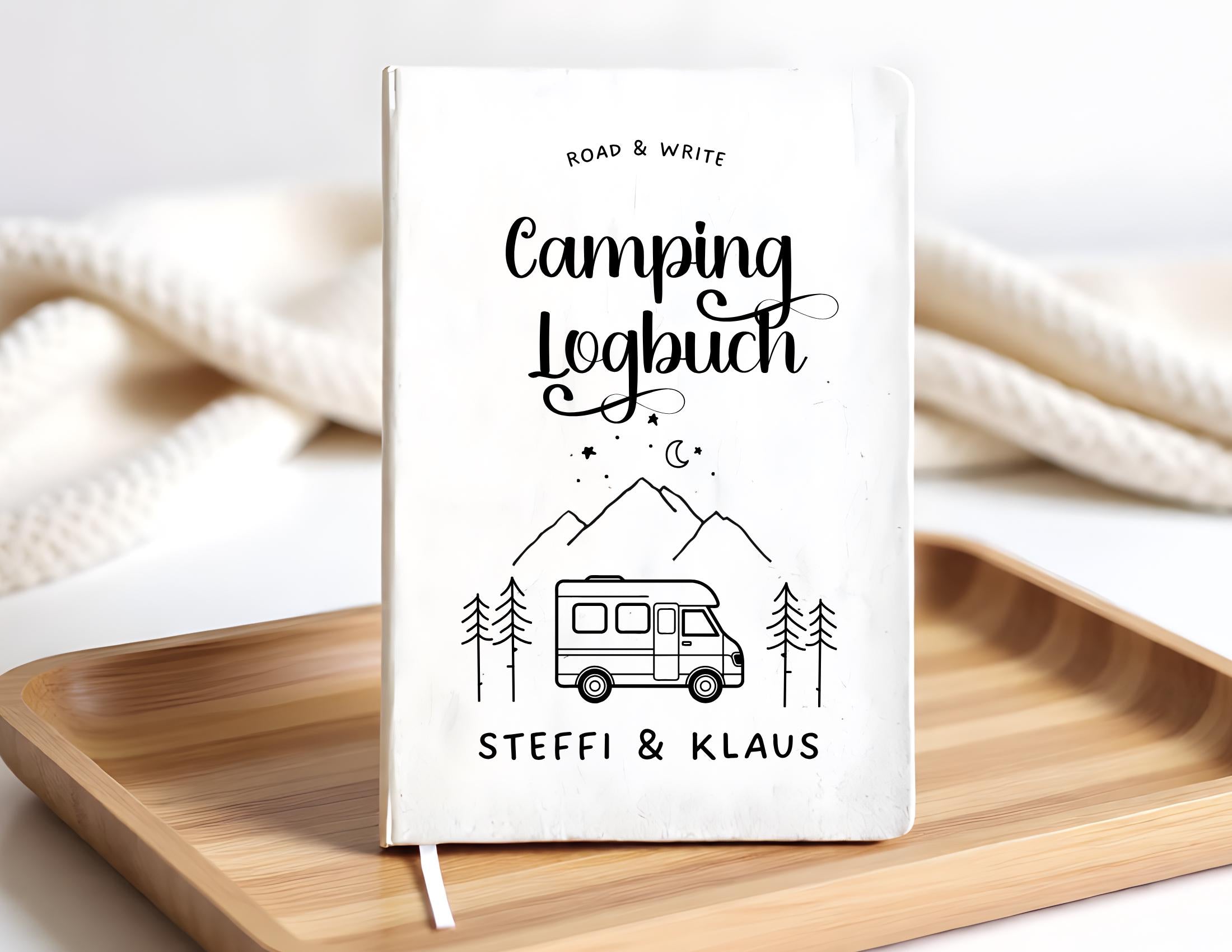 Camping Tagebuch | weißes Notizbuch | Personalisierung | Logbuch für Camper | A5 liniert | anpassbar Name, Titel, Headline