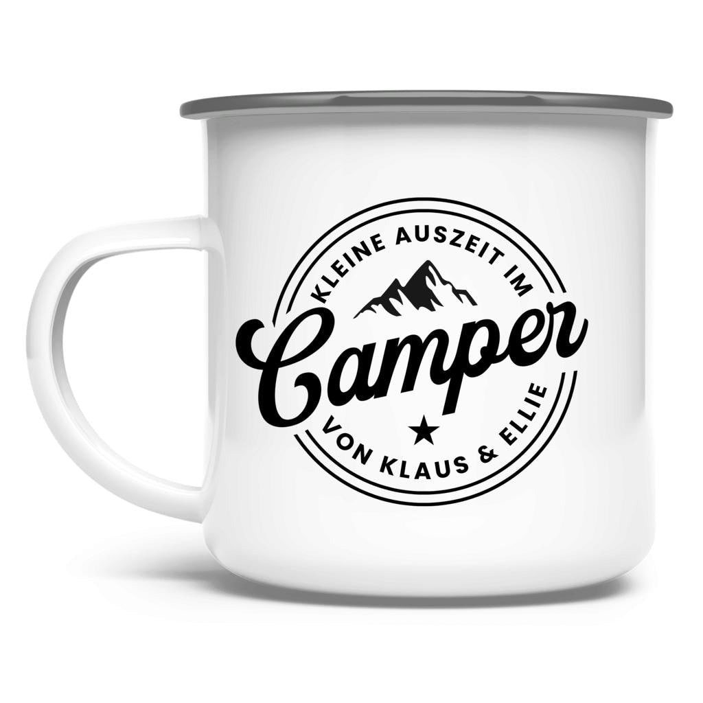 Camper Tasse Emaille personalisiert | Camping Becher mit Namen | Wohnmobil | Camper Logo | schwarz oder silber Rand