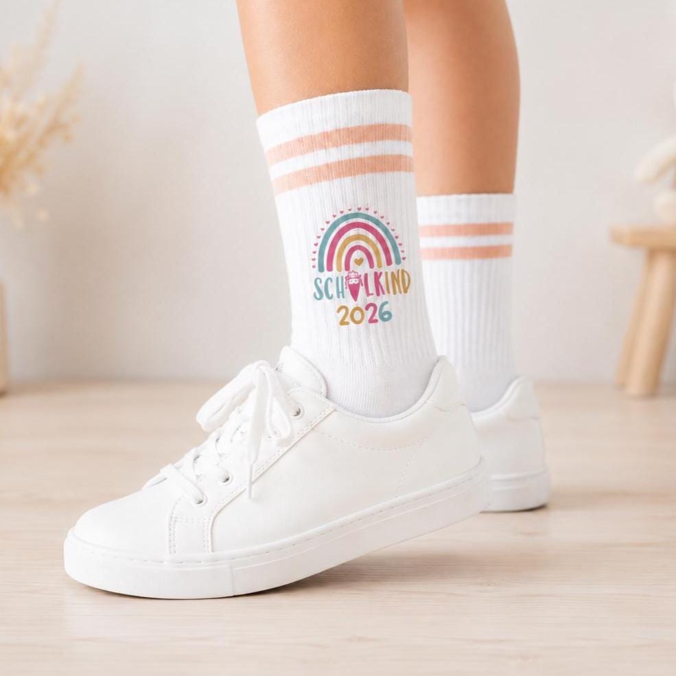 Personalisierbare Schulkind 2026 Socken mit Streifen, Einschulung Geschenk Mädchen Junge, bunte Socken, Geschenk Einschulung, Bio-Baumwolle