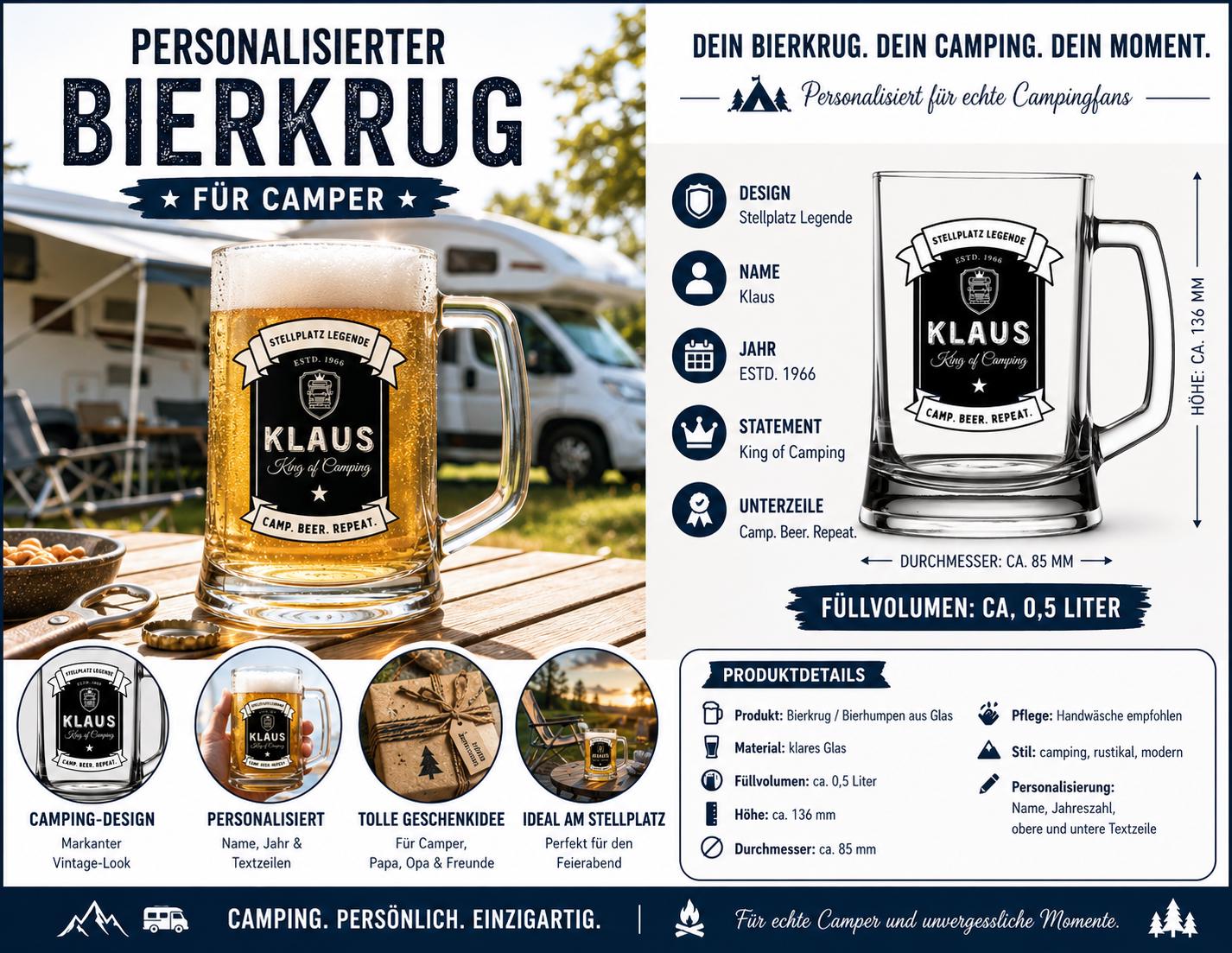 Personalisierter Bierkrug für Camper mit Name & Jahr – Camping Geschenk für Papa, Opa, Wohnmobil Besitzer, Stellplatz Legende Bierglas 0,5 L