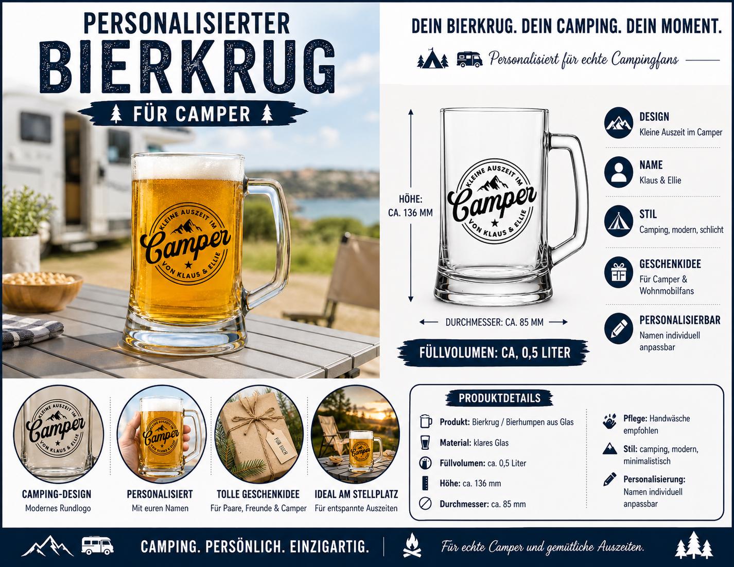 Personalisierter Bierkrug für Camper mit Namen – Camping Geschenk für Papa, Opa, Wohnmobil Besitzer, Stellplatz Legende Bierglas 0,5 L
