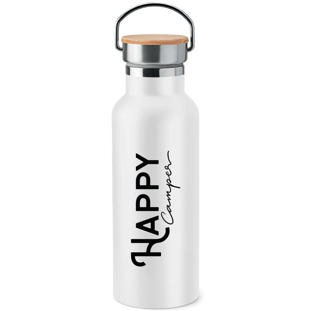 Personalisierte Edelstahl Trinkflasche Happy Camper mit Bambusdeckel | 500 ml Isolierflasche für Camping, Wohnmobil & Vanlife Geschenk