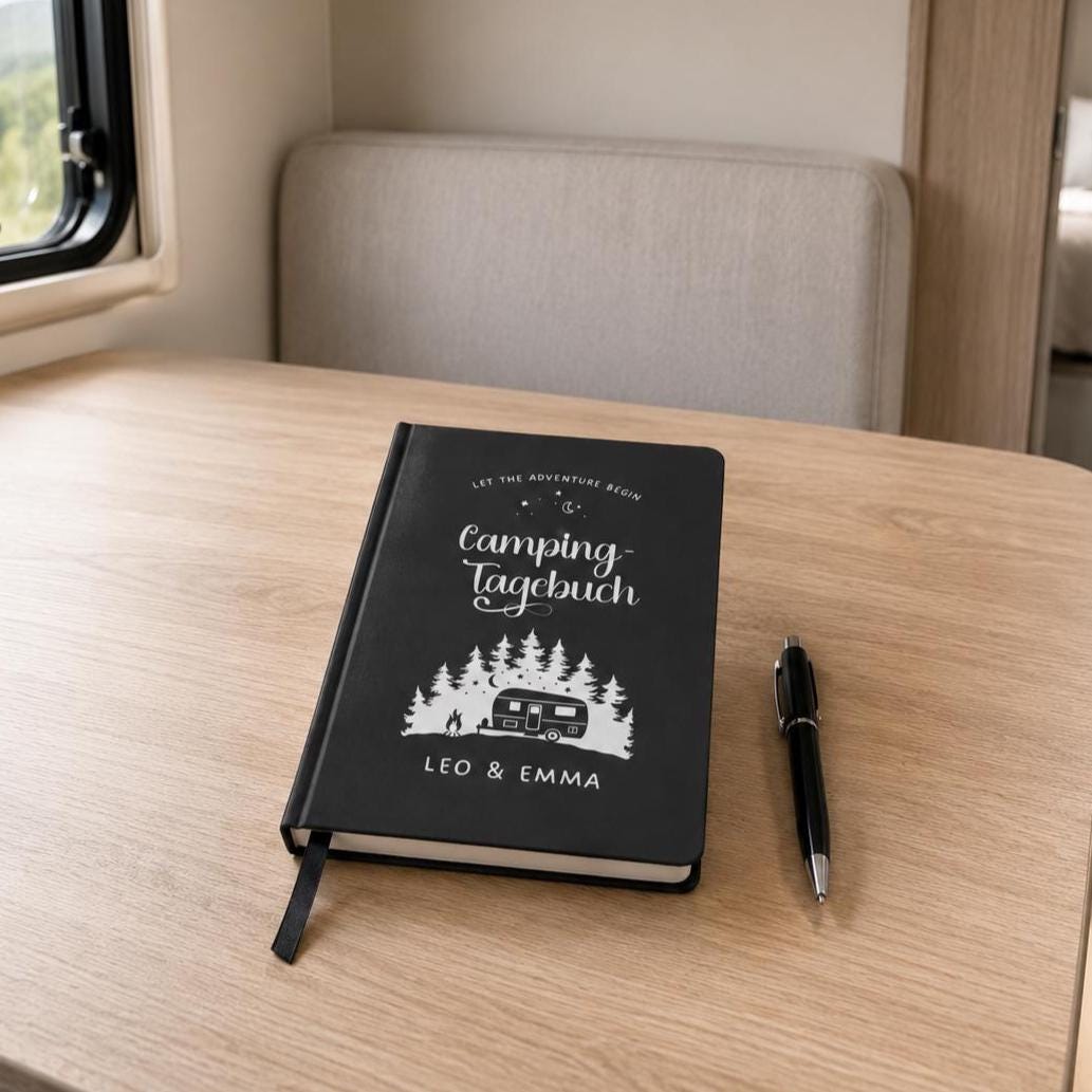 Camping Tagebuch | weißes Notizbuch | Personalisierung | Logbuch für Camper | A5 liniert | anpassbar Name, Titel, Headline