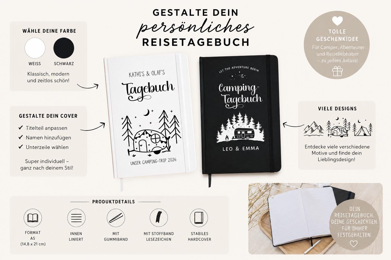 Camping Tagebuch | weißes Notizbuch | Personalisierung | Logbuch für Camper | A5 liniert | anpassbar Name, Titel, Headline