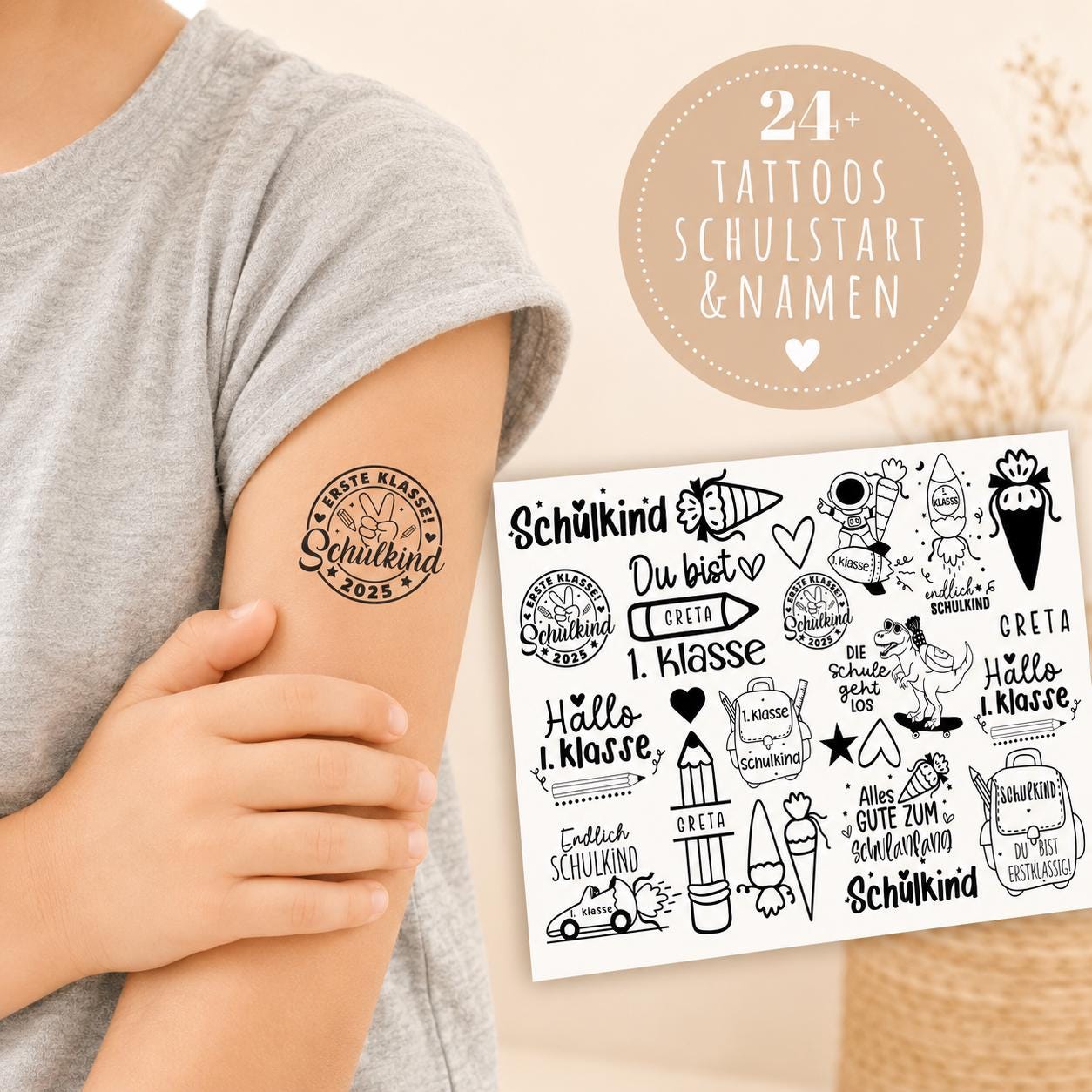 Schulkind | personalisierbare Tattoos zum Schulanfang | Kindertattoo mit Namen | 24er Set | für Jungs & Mädchen 1. Schultag | zum Schulstart