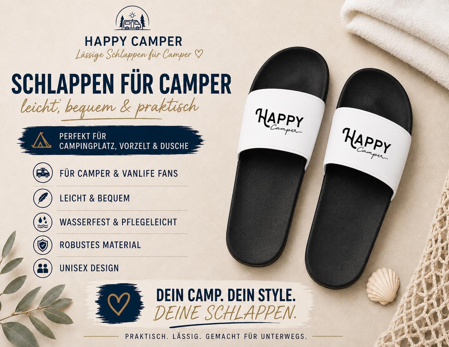 Camper Badelatschen "Happy Camper" für Campingplatz, Urlaub | schwarze Schlappen mit weißem Riemen für Dusche, Strand, Schwimmbad | unisex