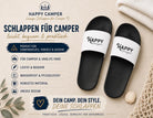 Camper Badelatschen "Happy Camper" für Campingplatz, Urlaub | schwarze Schlappen mit weißem Riemen für Dusche, Strand, Schwimmbad | unisex