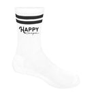 Camper Socken Happy Camper | Crew Socken mit Streifen und Camping Schriftzug | Geschenk für Camper, Wohnmobil Fahrer & Campingfans