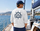 Personalisierter Sweater mit Bootsname | Maritimes Langarm Sweatshirt, Segler Geschenk, Boot Outfit | Steuerrad | Gr. XS bis XXL | weiß blau