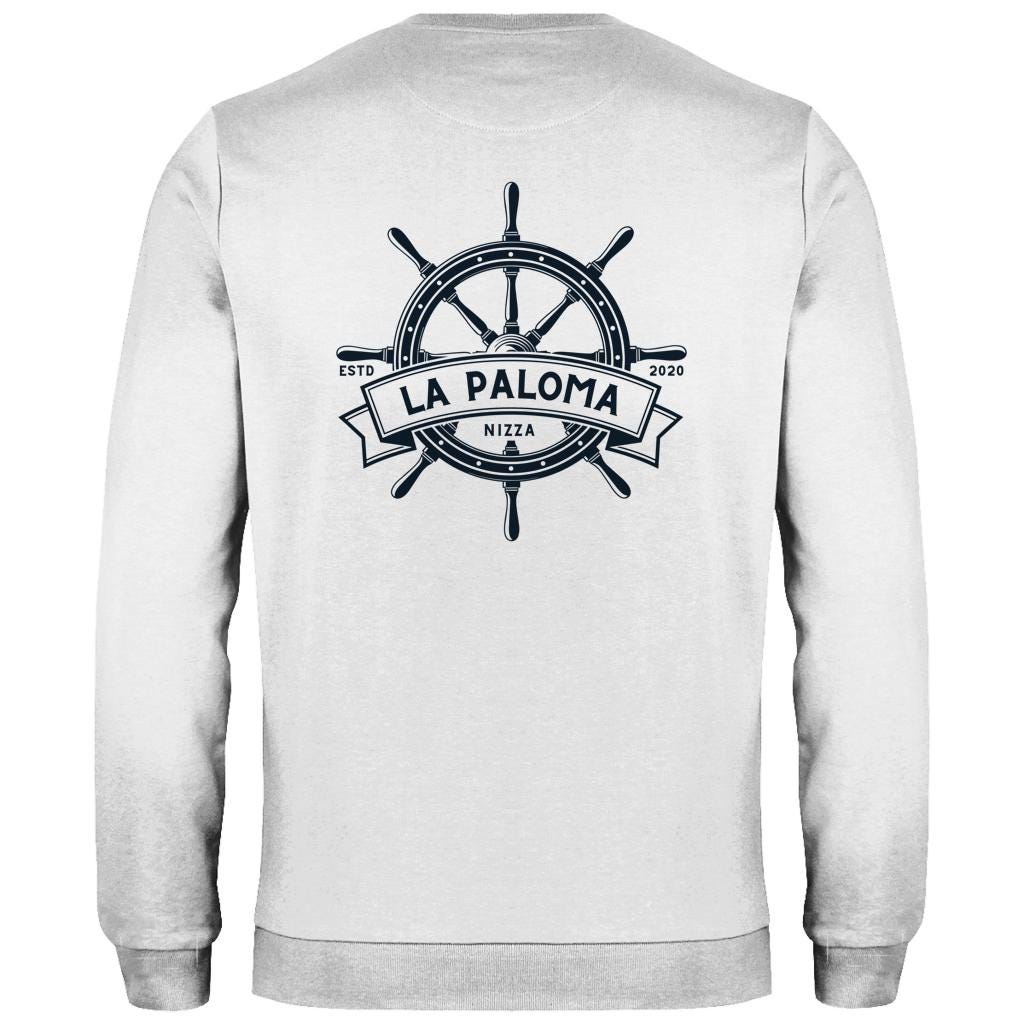 Personalisierter Sweater mit Bootsname | Maritimes Langarm Sweatshirt, Segler Geschenk, Boot Outfit | Steuerrad | Gr. XS bis XXL | weiß blau
